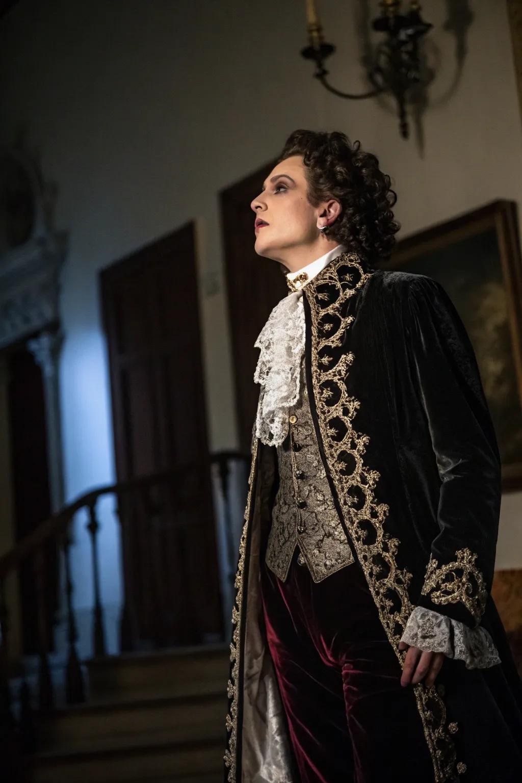 An aristocrat draped in dark grandeur.