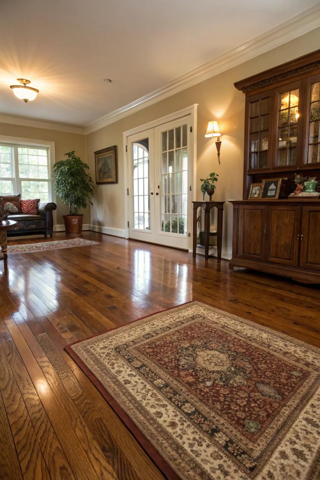 Hardwood ground surface enhancing the colonial aesthetic of a room.