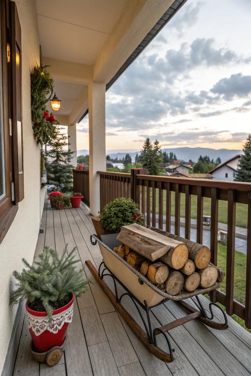 A timeless sled imparts nostalgic charm to this balcony.