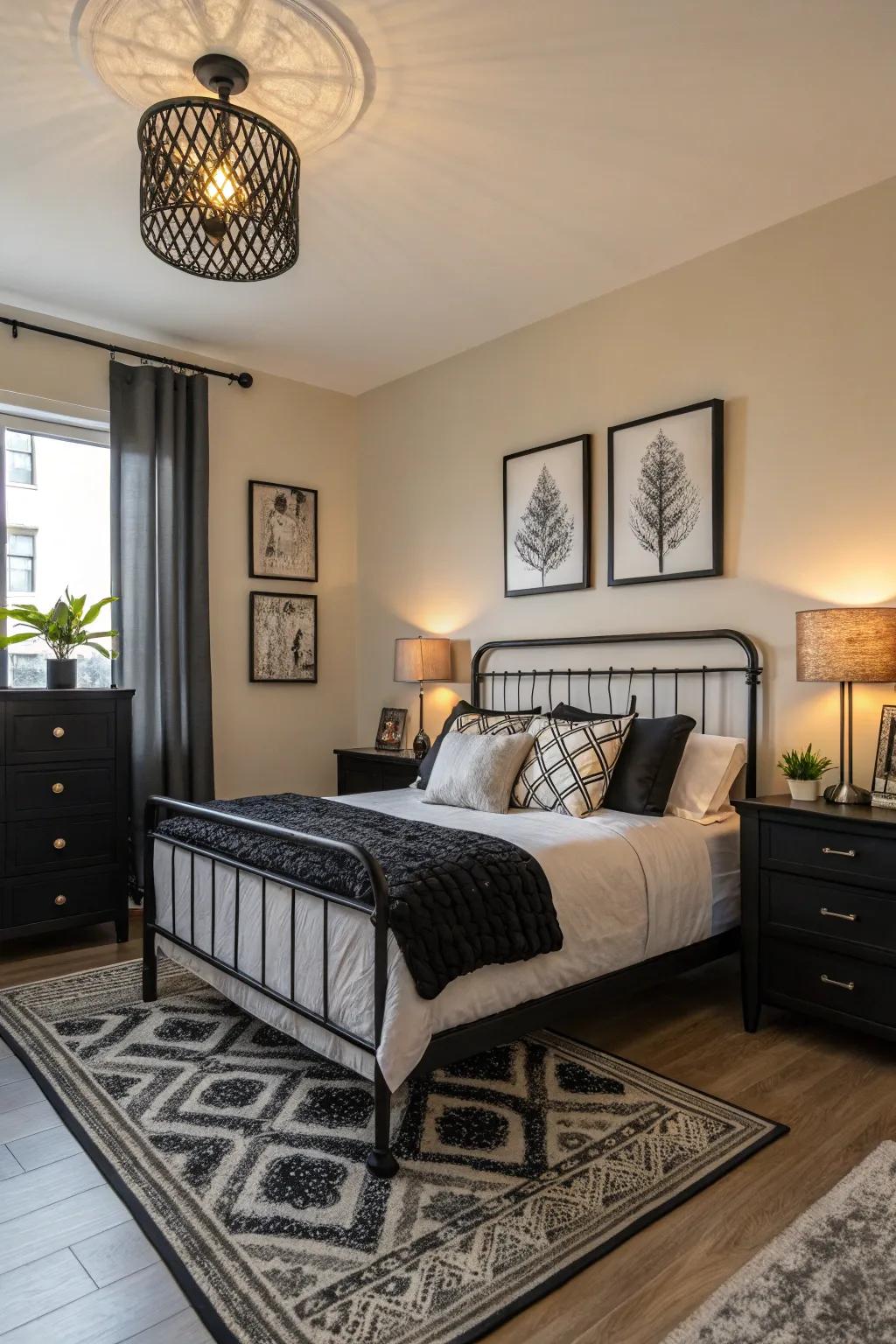 An apartment bedroom enhanced by sleek black accents in its decor.