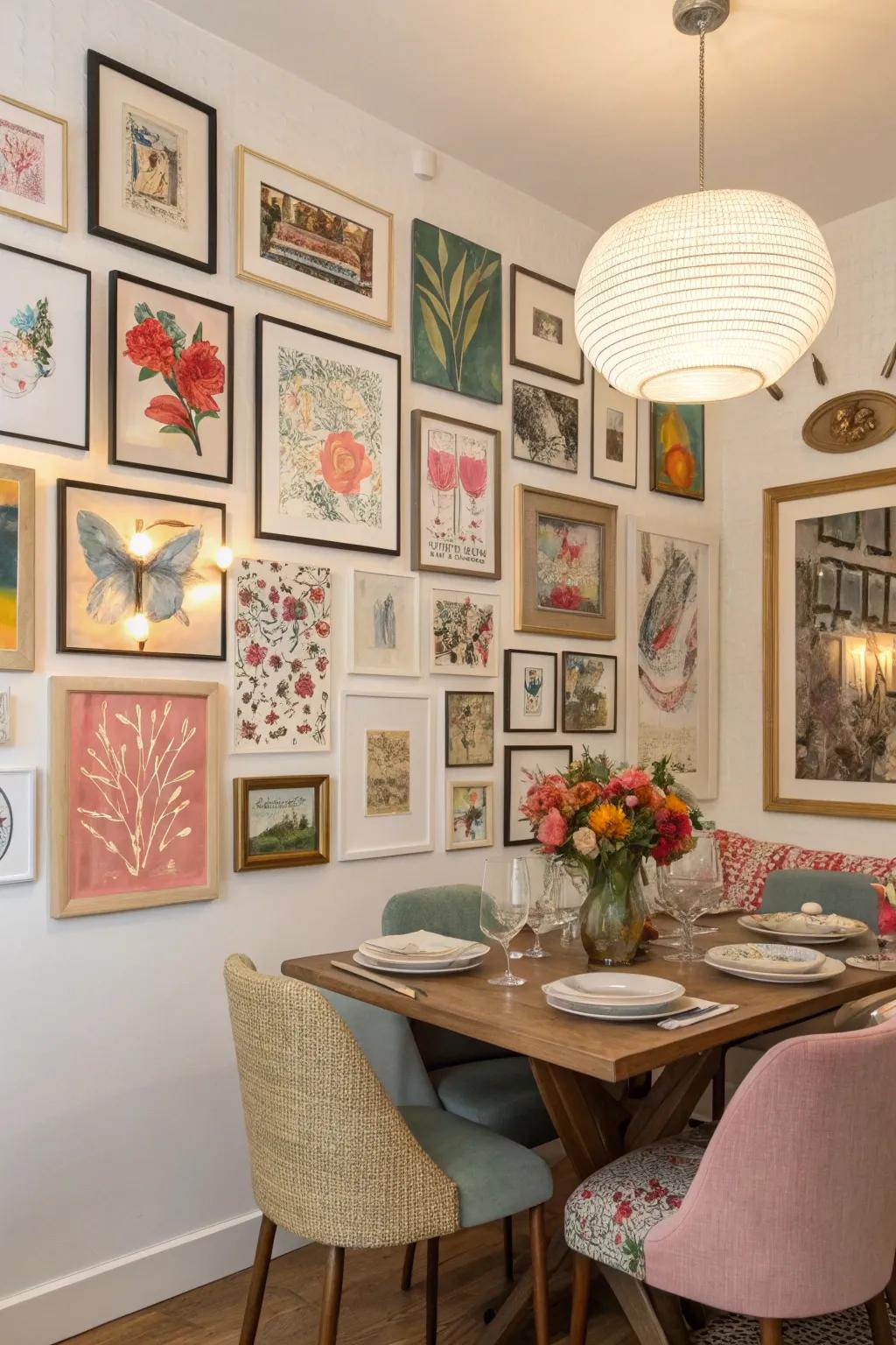 Gallery walls contribute depth and individuality.