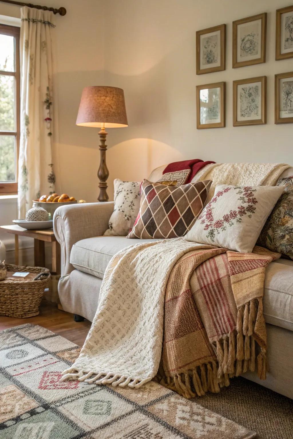 Layered textiles enrich the inviting feel of this compact living room.