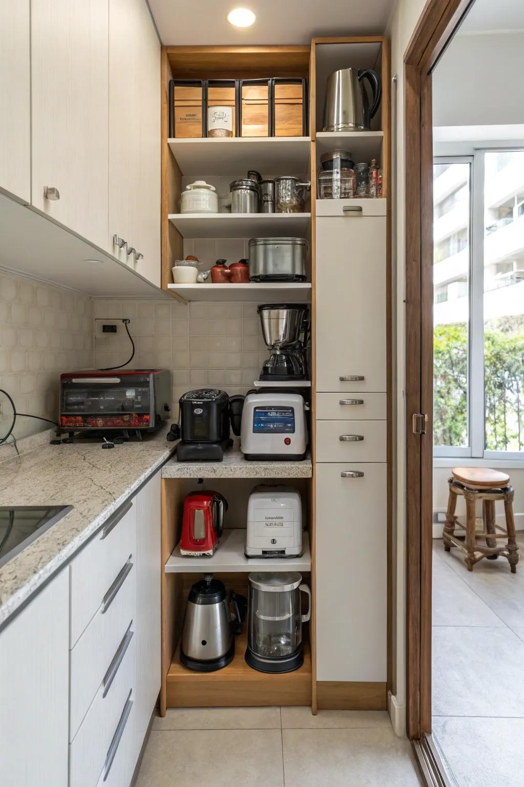 Standing storage optimizes narrow spaces, creating functional appliance storage units.