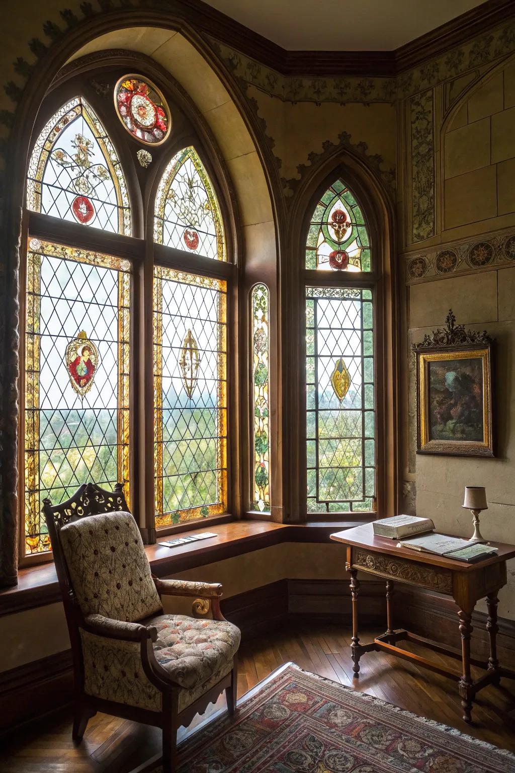 A vintage-style room is adorned with hued glass panels on arched windows, crafting a luminous, artistic setting.