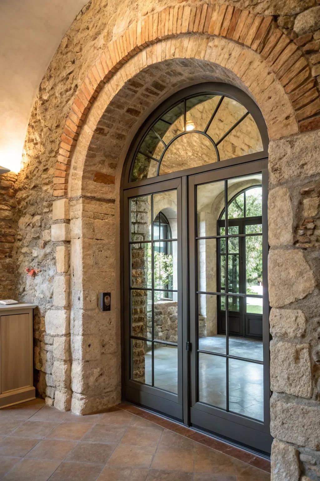 An archway door crafted from blended mediums, adding depth to the textured interior.