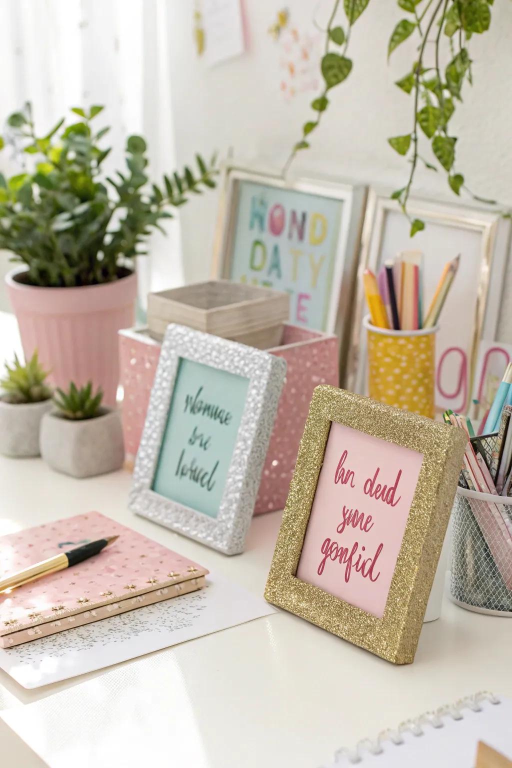 Mini glitter frames showcasing positive affirmations infuse radiance and drive to this workspace.