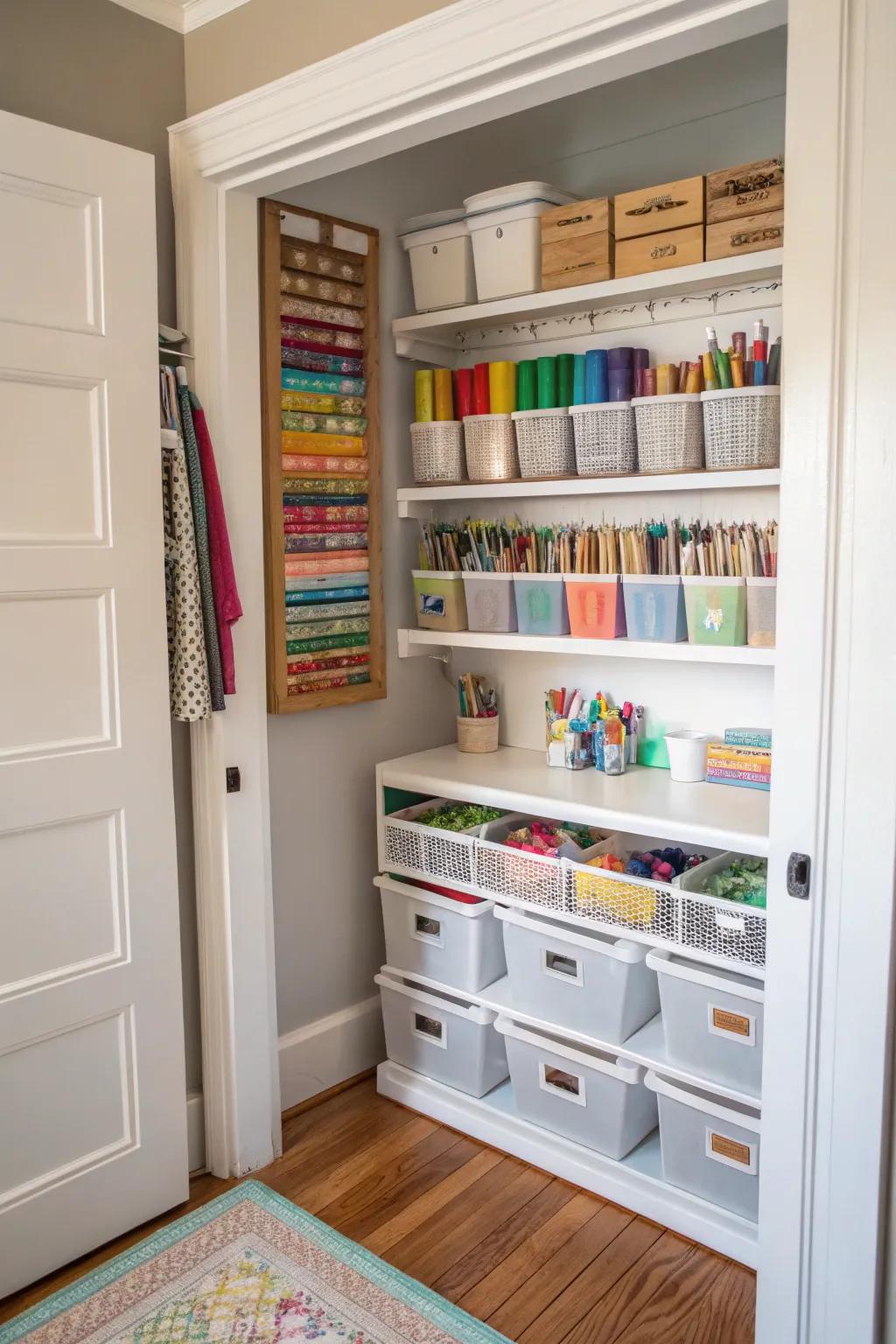 A dedicated art supply closet keeps everything in one place.