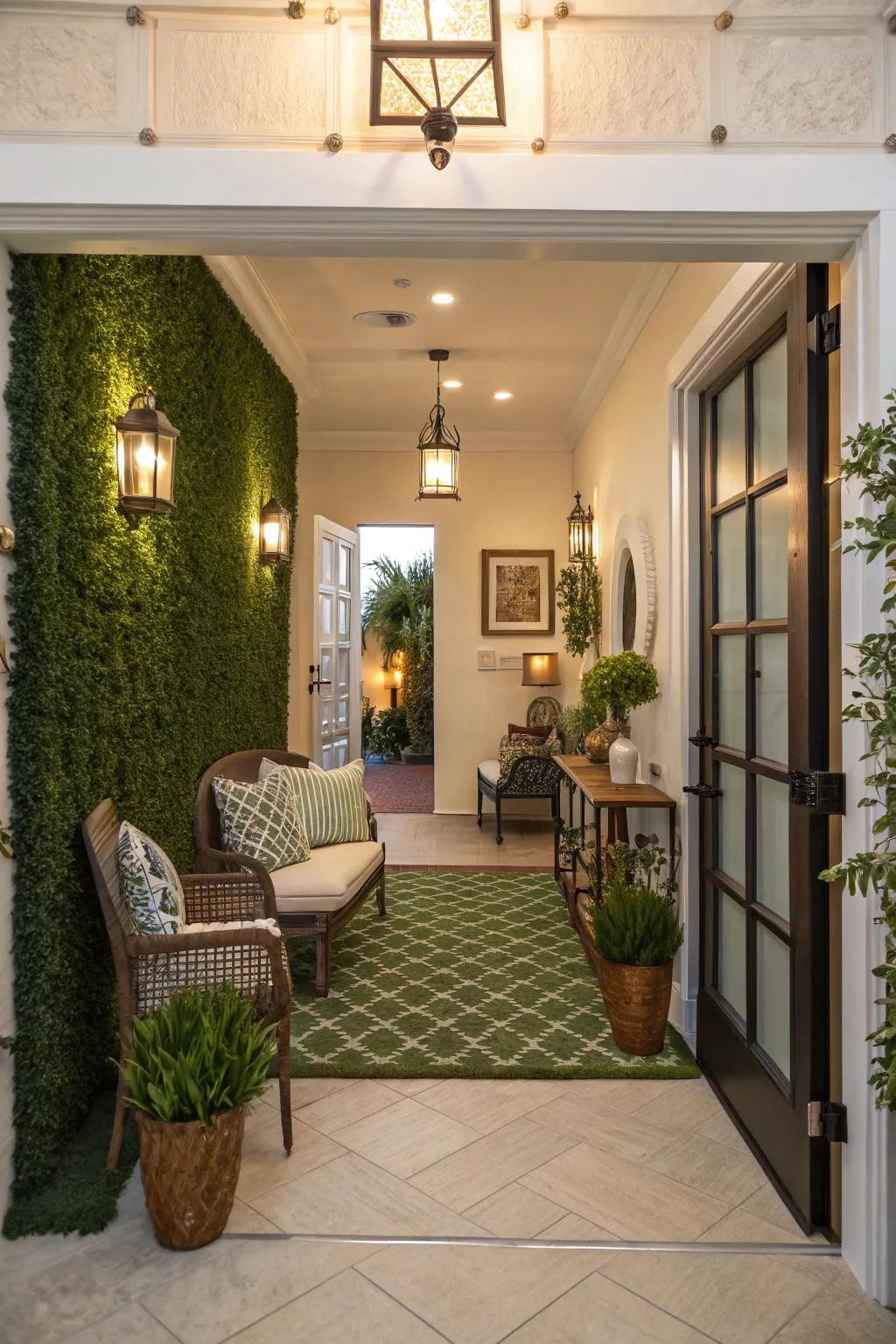 An inviting entryway enhanced by a lush artificial grass wall.