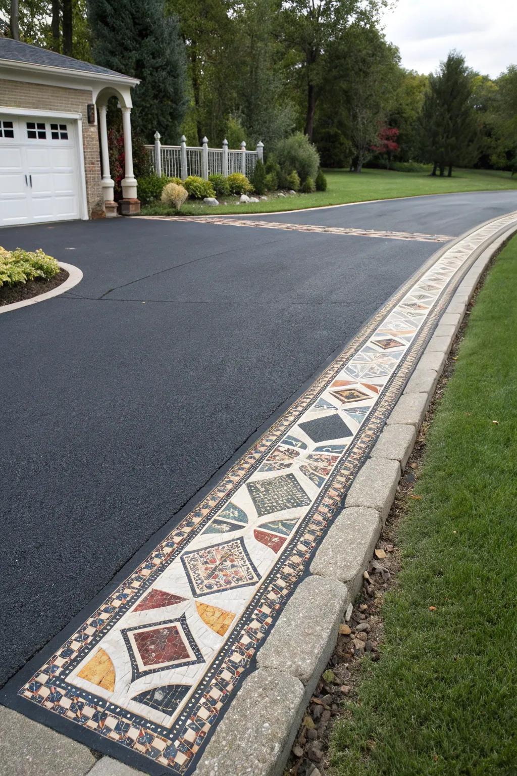 Mosaic paver designs turn this driveway border into a work of art.