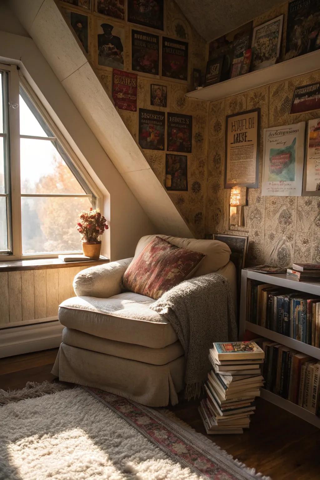 A reading space near the window provides a perfect retreat in your attic bedroom.