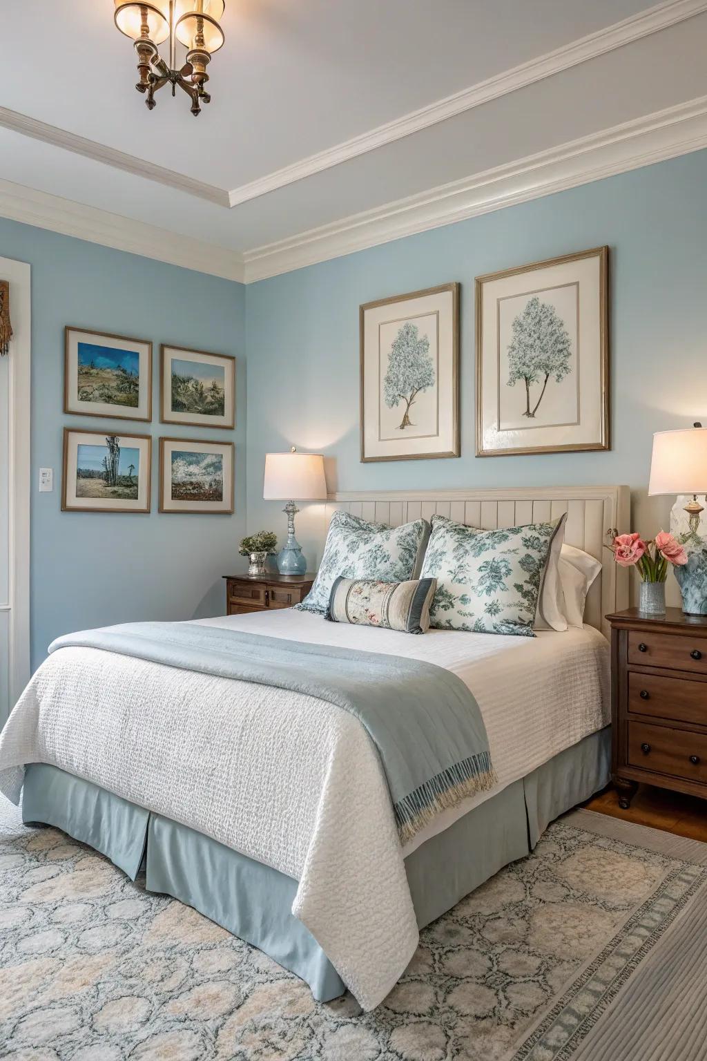 Artwork contributes a personal detail to a serene sky blue bedroom.