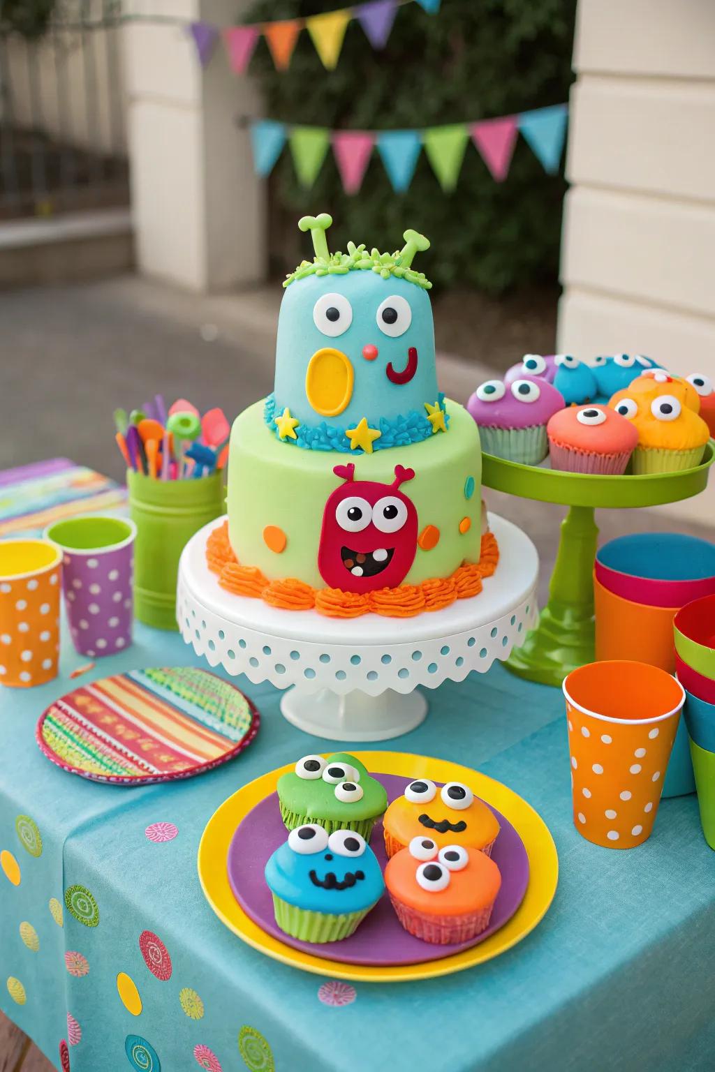 A monster-inspired cake featuring endearing and colorful decorations.