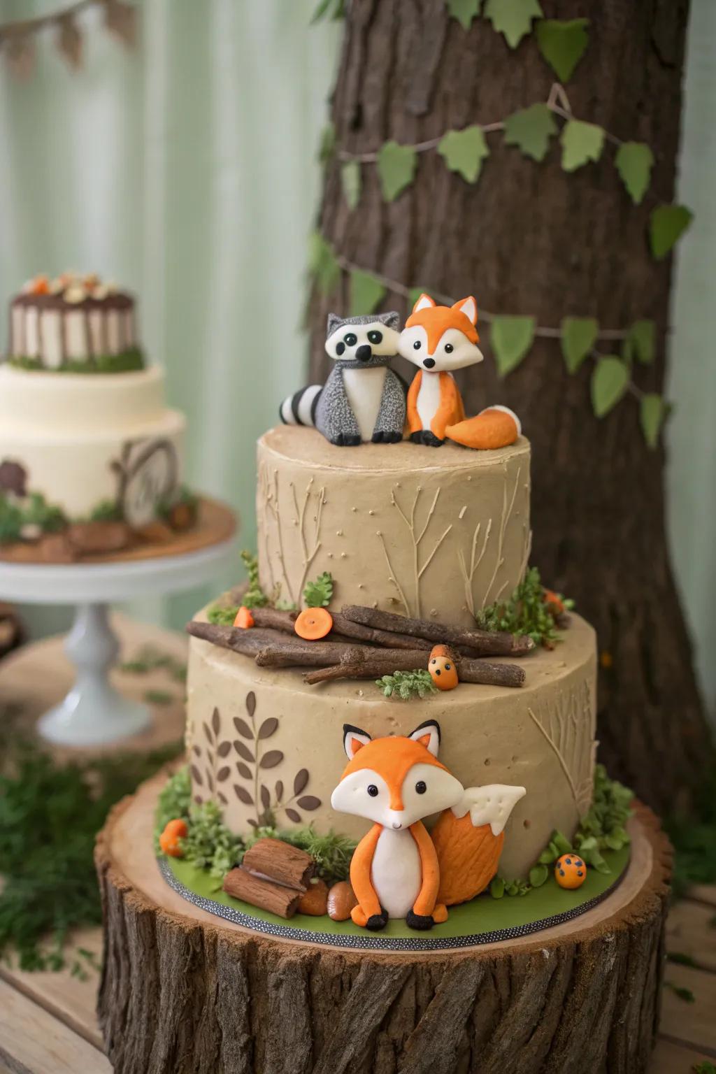 A woodland-themed cake with forest creatures for a baby boy shower.