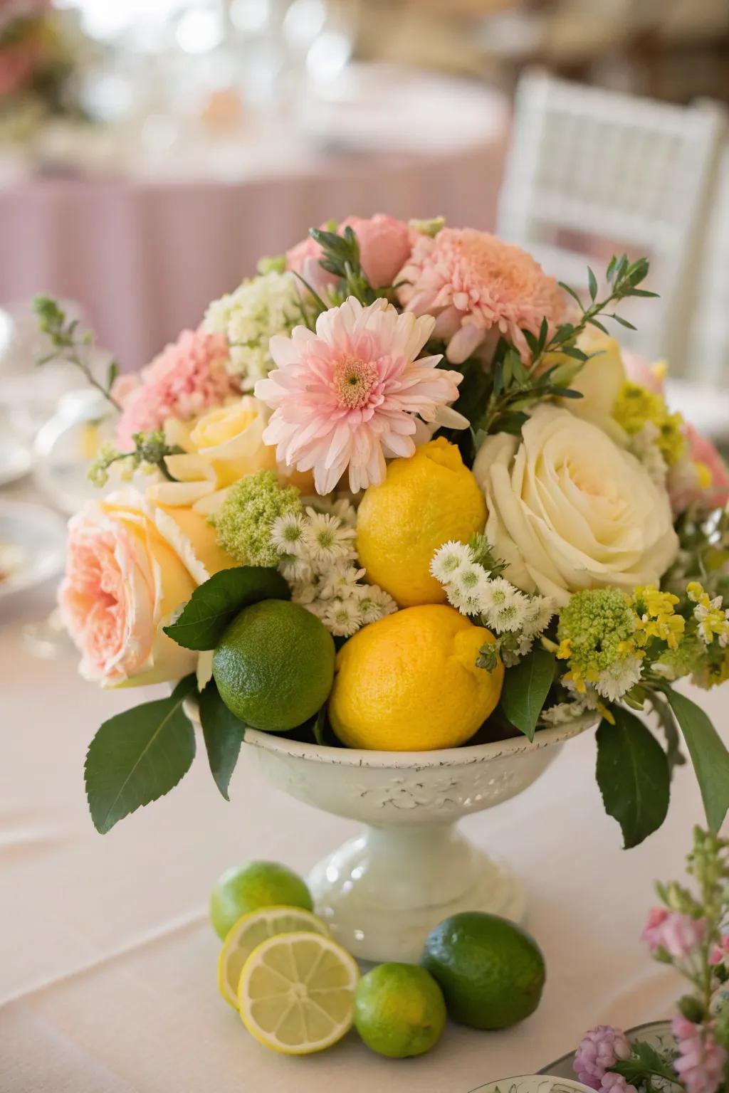 A vibrant centerpiece featuring flowers and fresh fruits