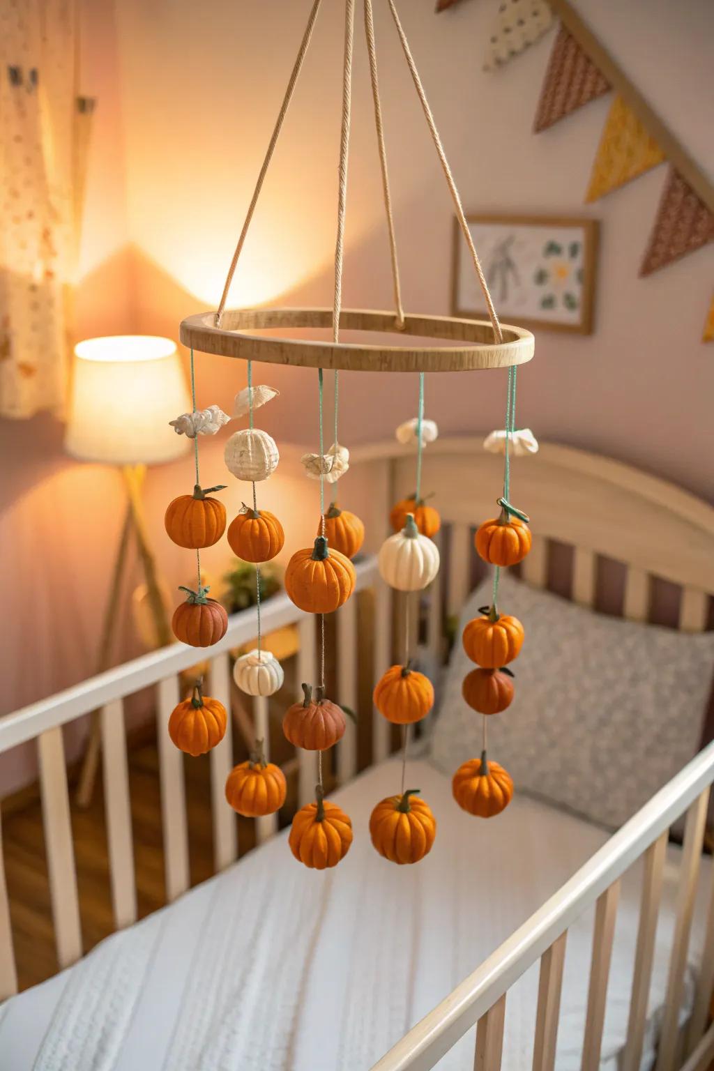 A gourd mobile fashions a serene and seasonal nursery environment.