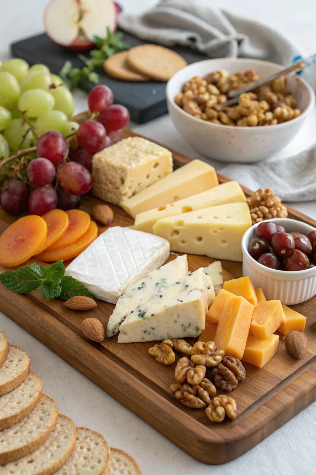 An elegant cheese board featuring a mix of cheeses, nuts, and fruits.