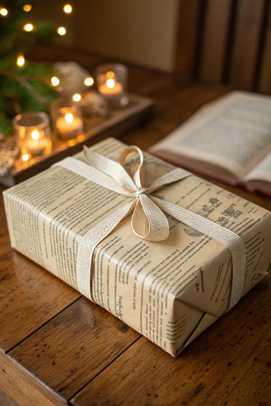 A whimsical gift wrapped in storybook pages, perfect for a baby shower.