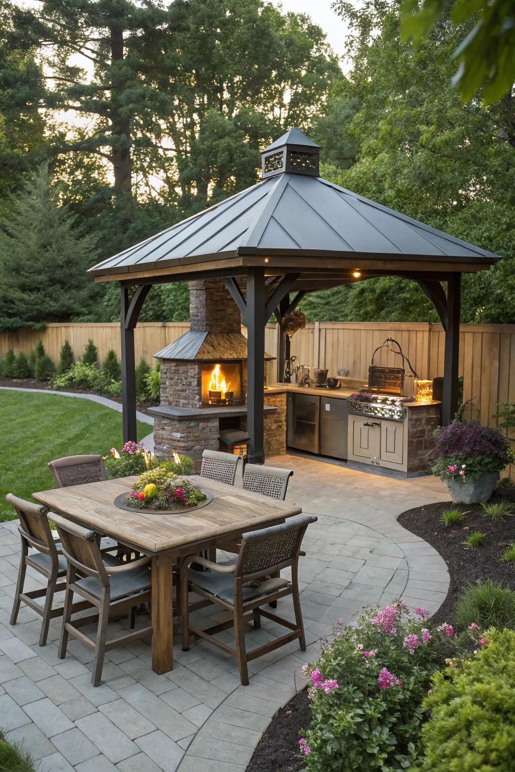 A shelter featuring a hearth establishes a warm and inviting outdoor cooking precinct.
