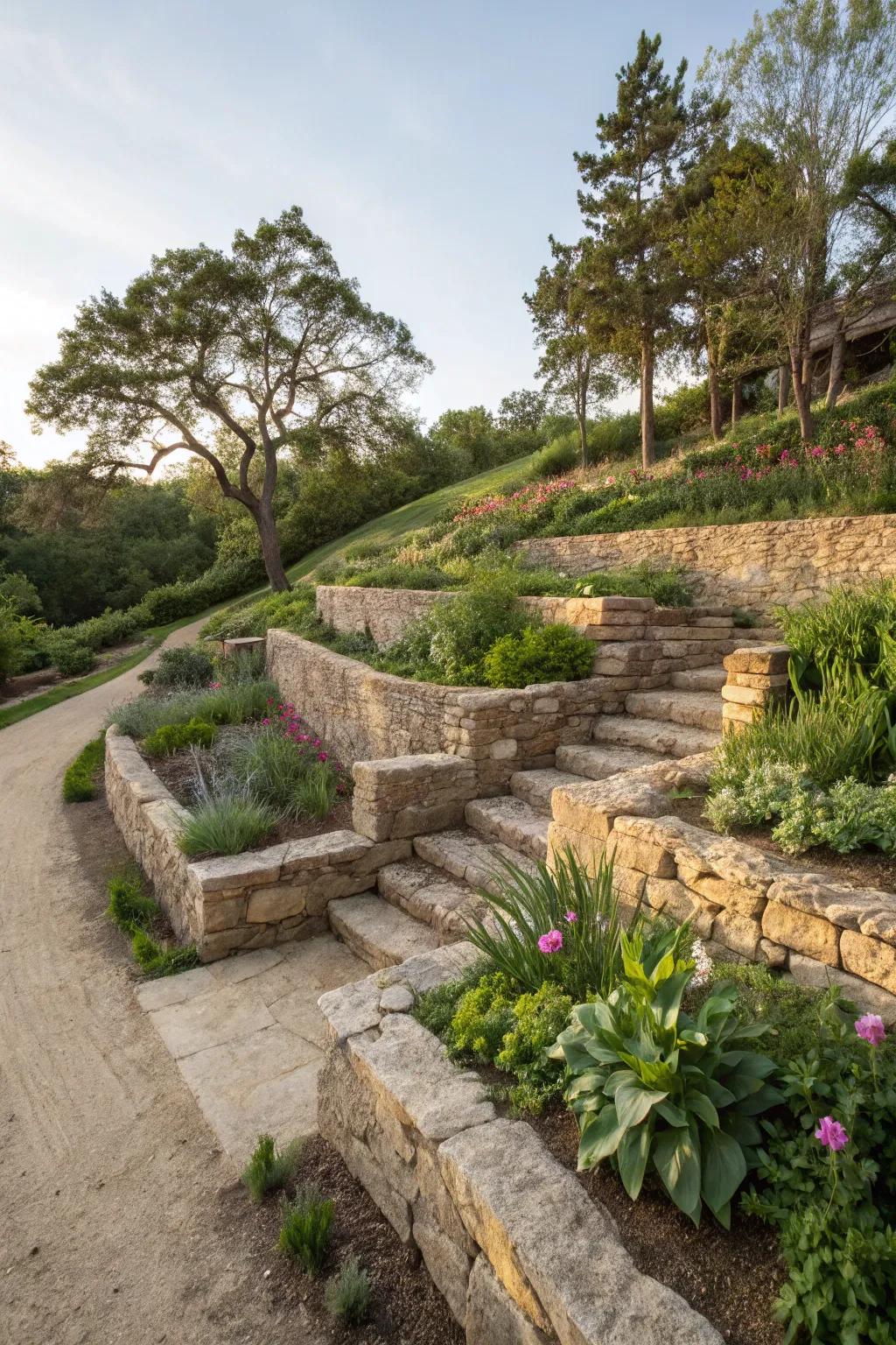 Tiered gardens with finely crushed rock add depth and beauty to sloped landscapes.