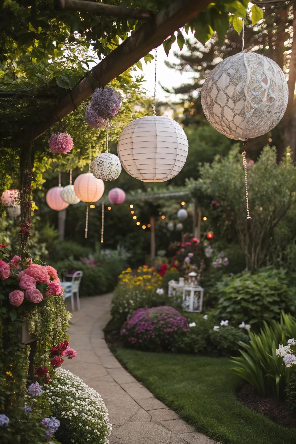 Suspended adornments add fun and visual appeal to the garden.