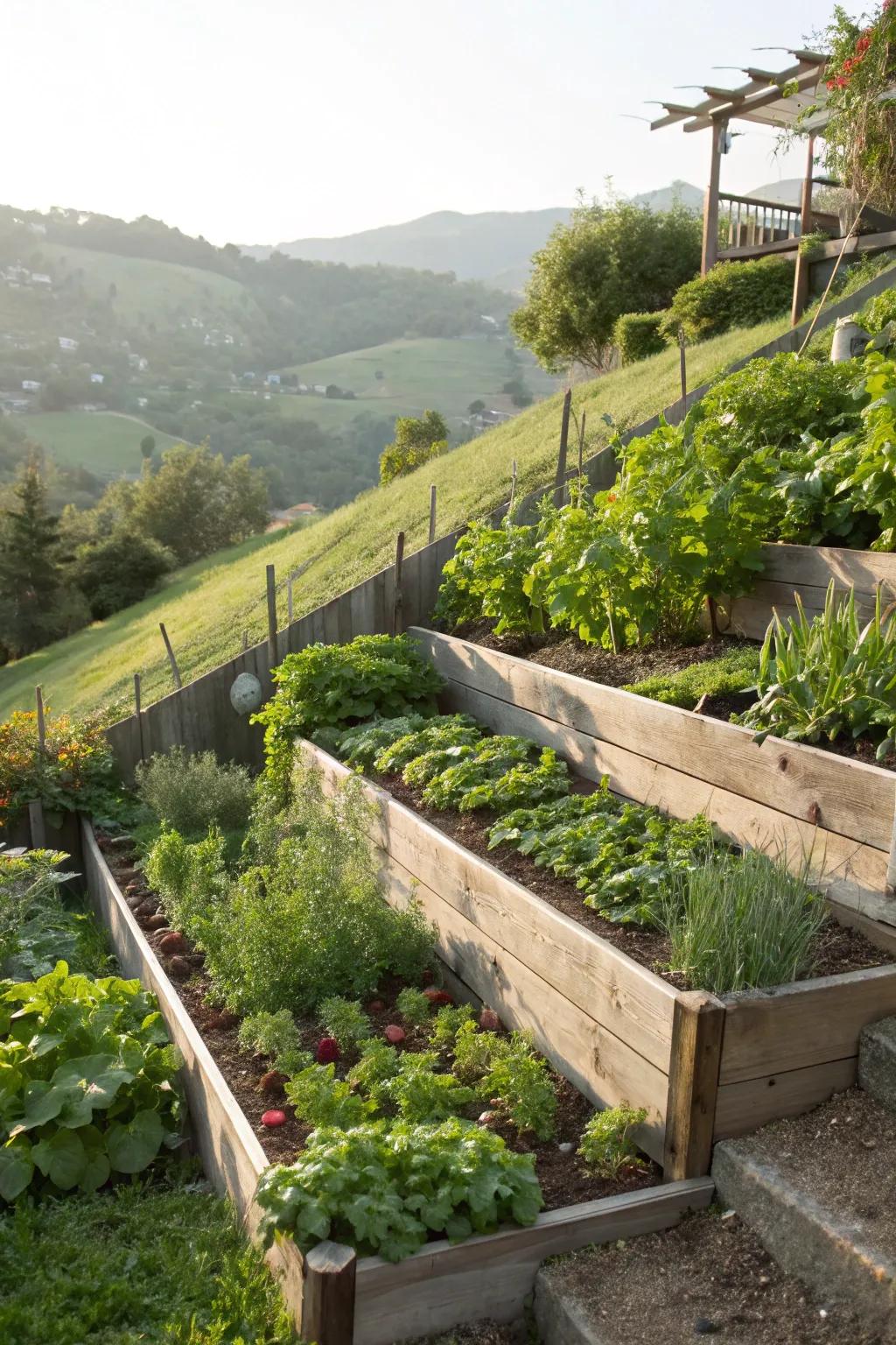 Tiered vegetable beds take advantage of the slope for successful gardening.