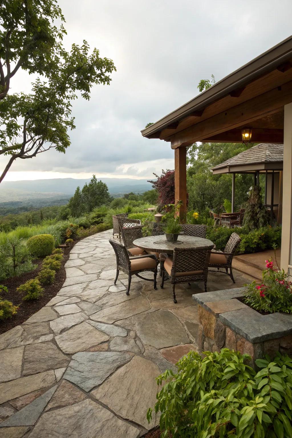 Natural stone flooring adding rugged charm to an outdoor space.