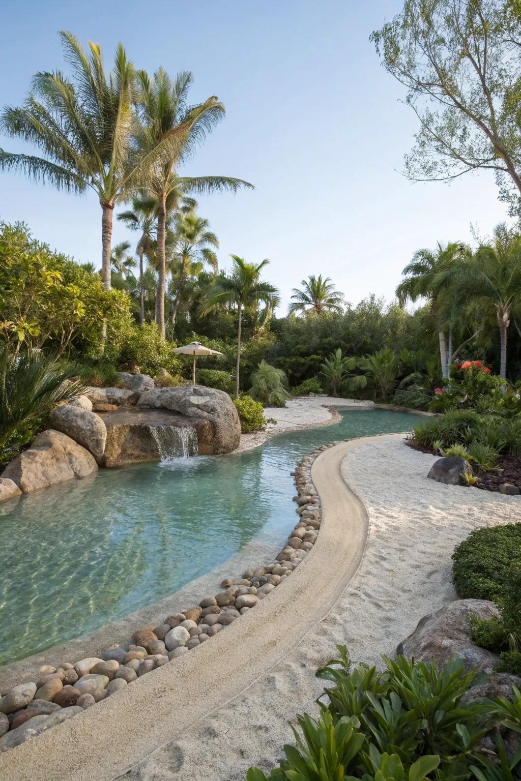 A meandering pool with a gradual beach entry for seamless access.