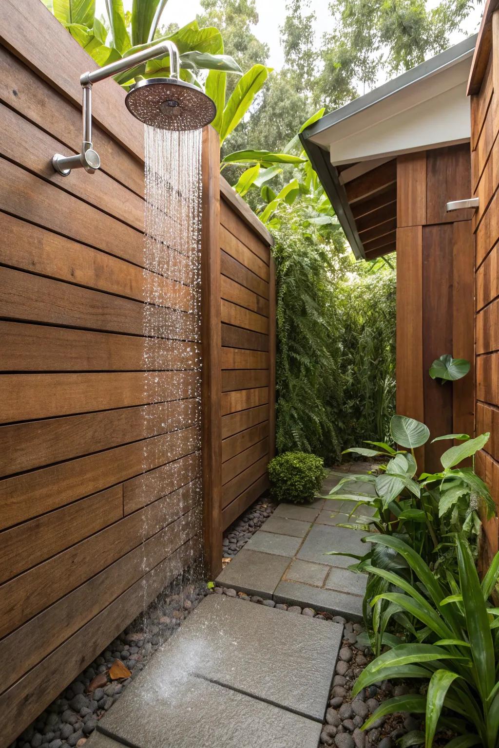 An outdoor rinse station offers a refreshing connection with nature.