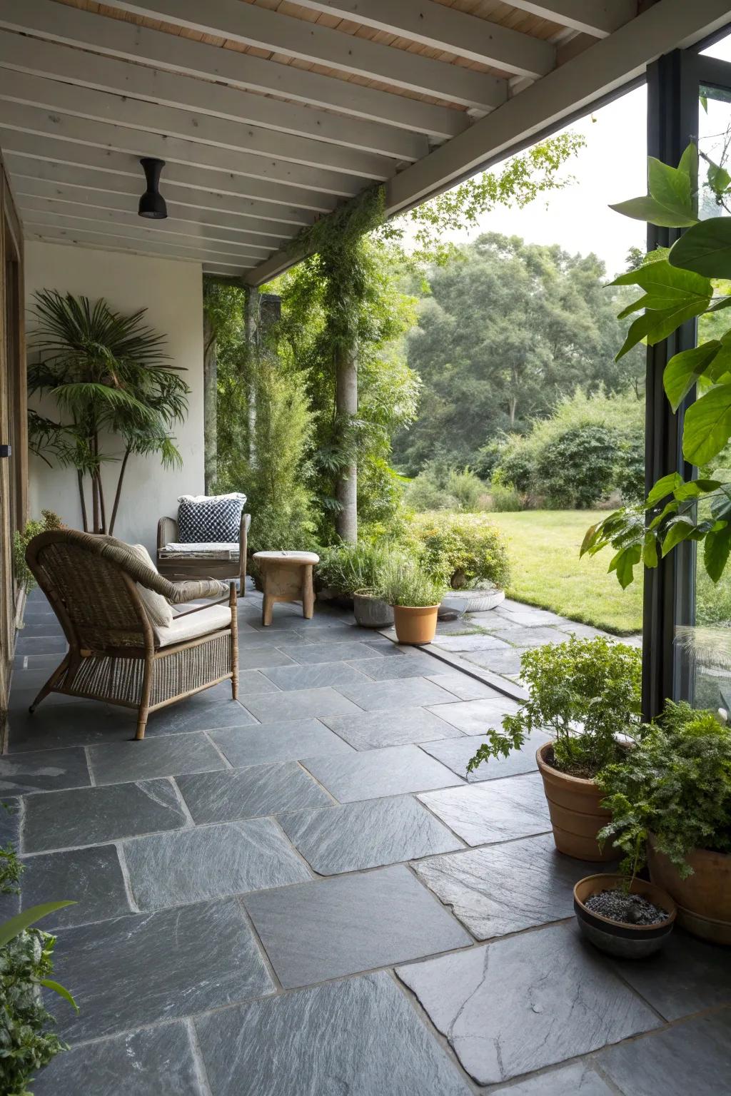 Stone tiles add drama and modern grace to any patio.
