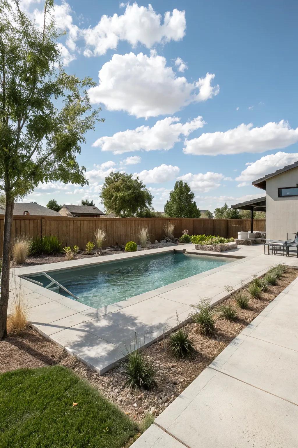 A custom-designed hand-poured pool in a backyard.