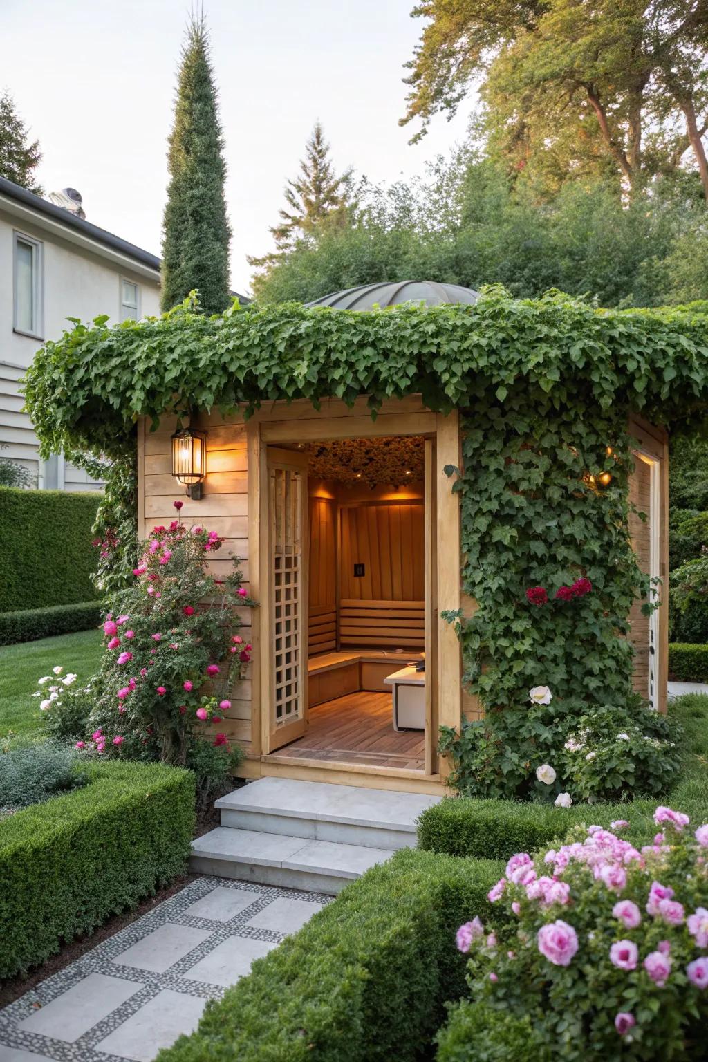 A rock garden steam room featuring a charming lattice.