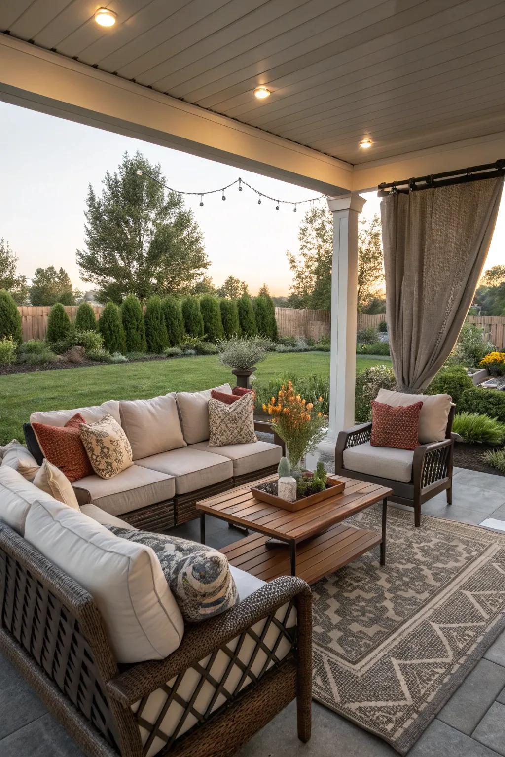 An exterior sanctuary arrangement renders your patio an inviting getaway.