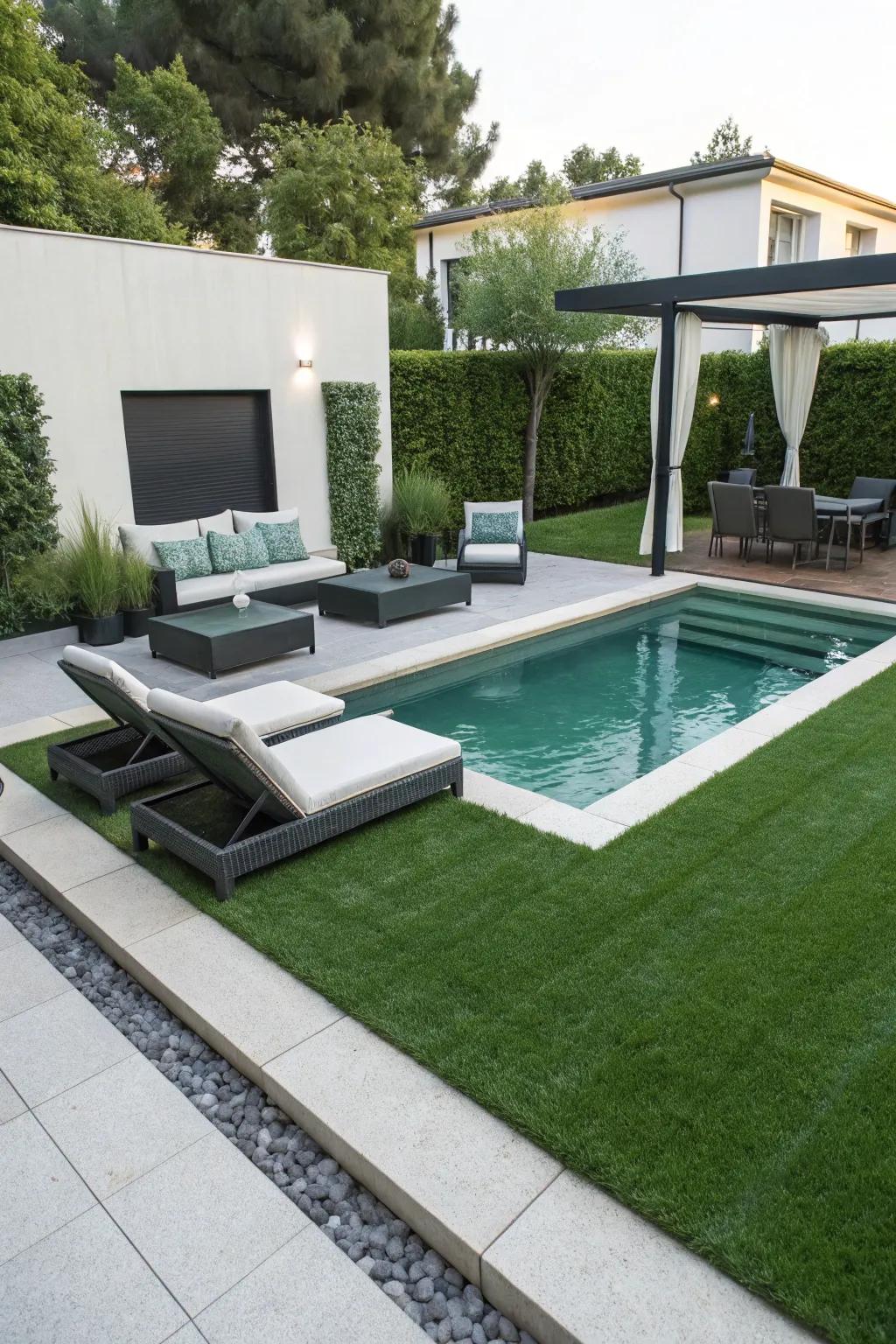 Artificial turf offers a lush, low-maintenance look around the pool.
