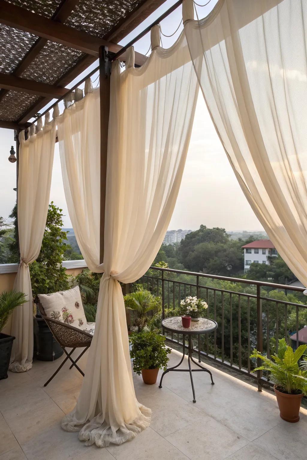 A DIY canopy with curtains adding a personal flair to balcony shade.