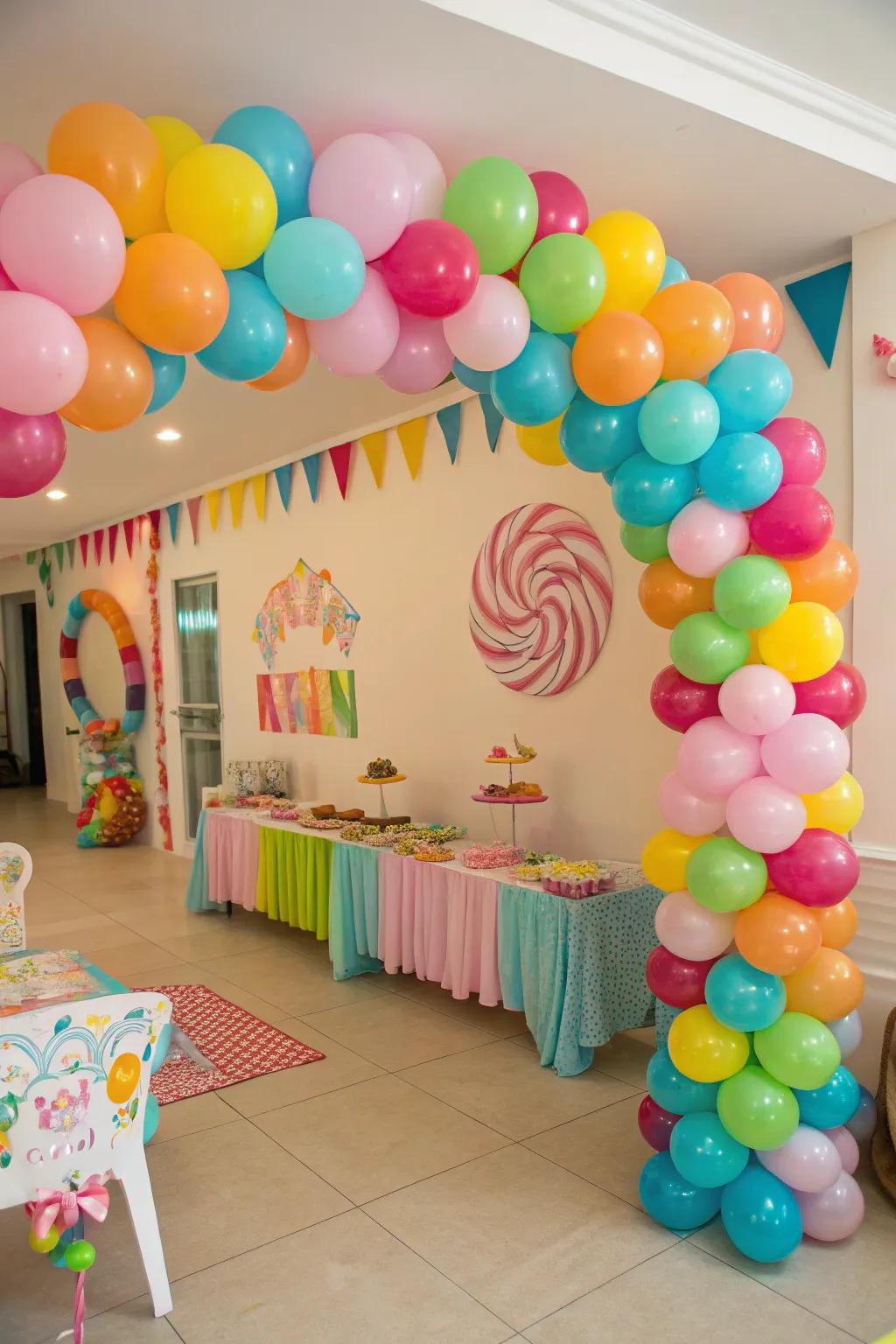 Candy-colored balloon garland developing a playful setting.