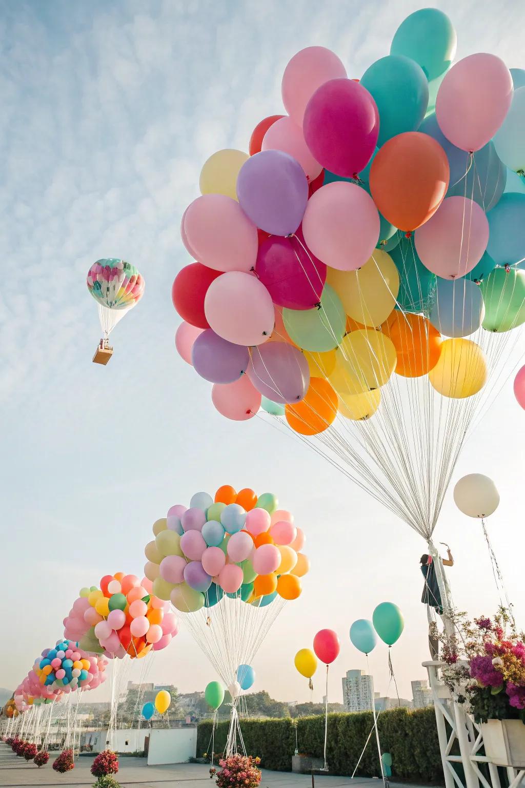 Suspended balloon bundles fashion a dreamlike and vibrant display.