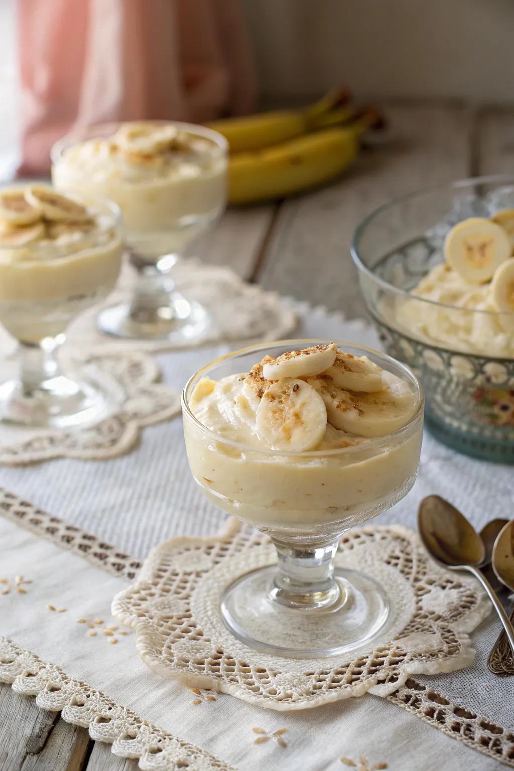 Vintage glassware sprinkles a nostalgic charm over banana pudding.