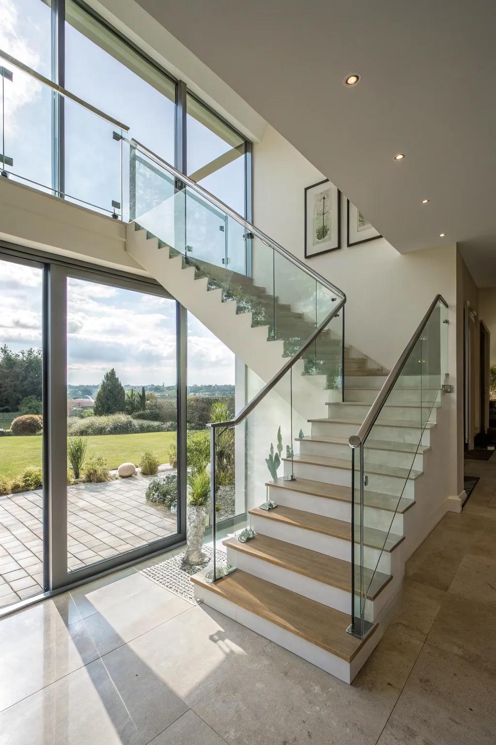 Polished and modern through glass section railings.