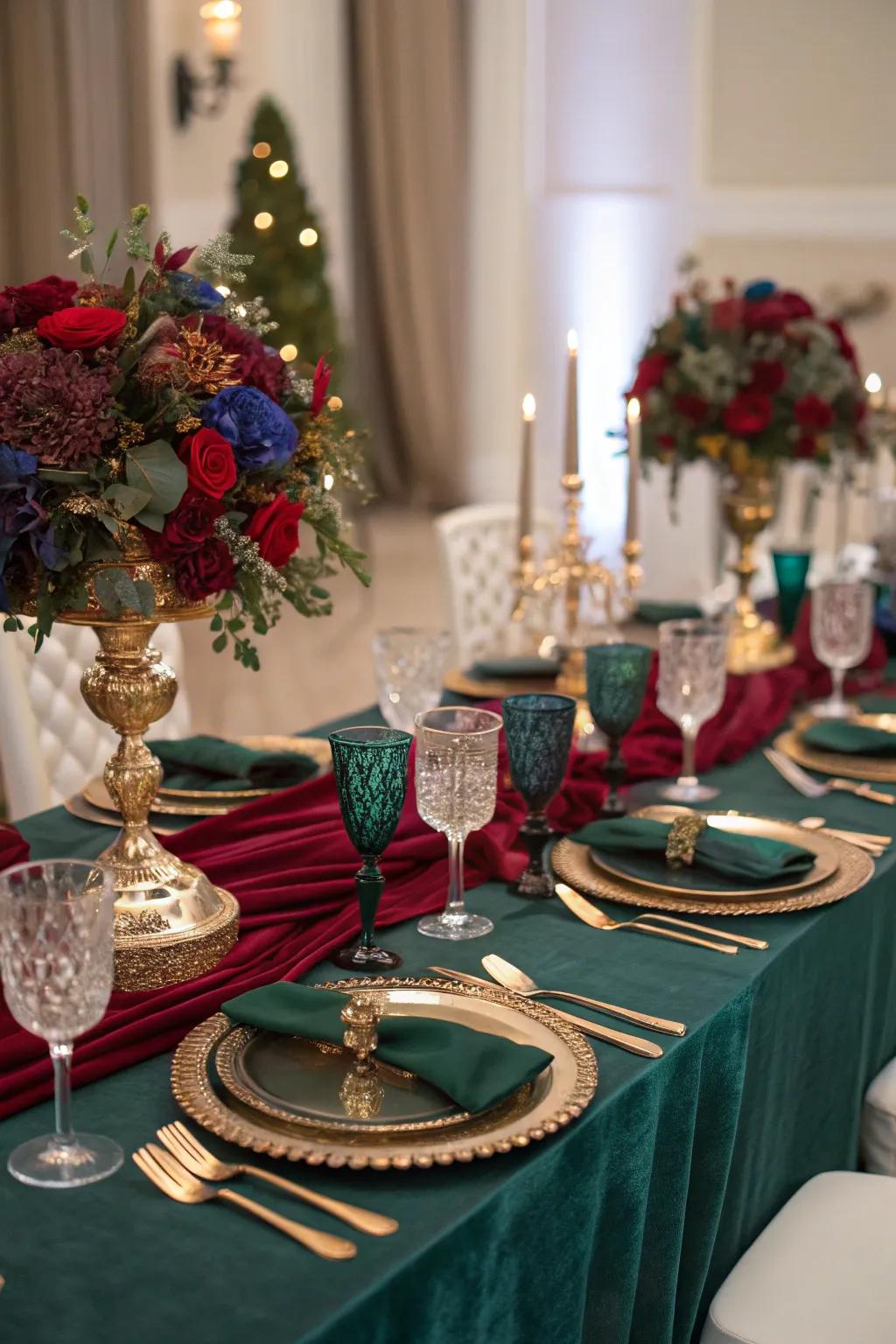 Glamorous metallic tones adding luxury to the banquet table.