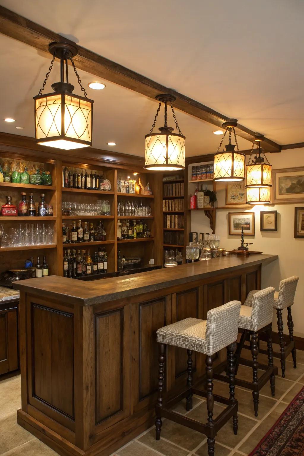 Country style lanterns add vintage charm to the bar.