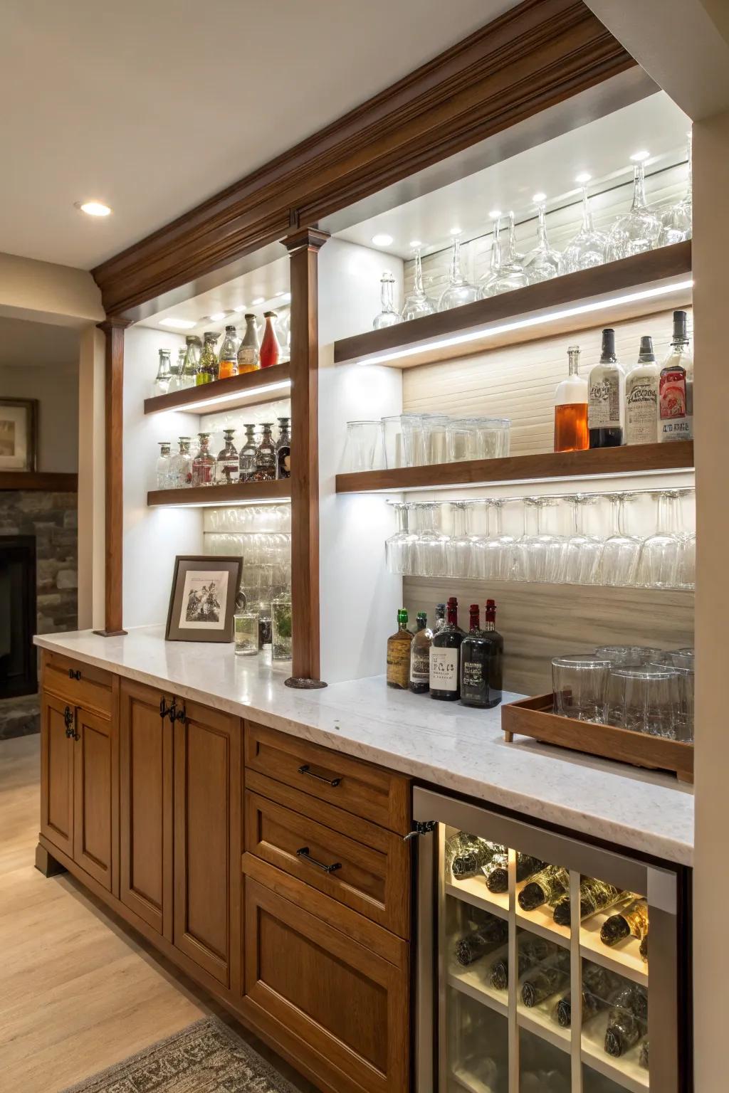 Sub-cabinet racks maximize bar storage.