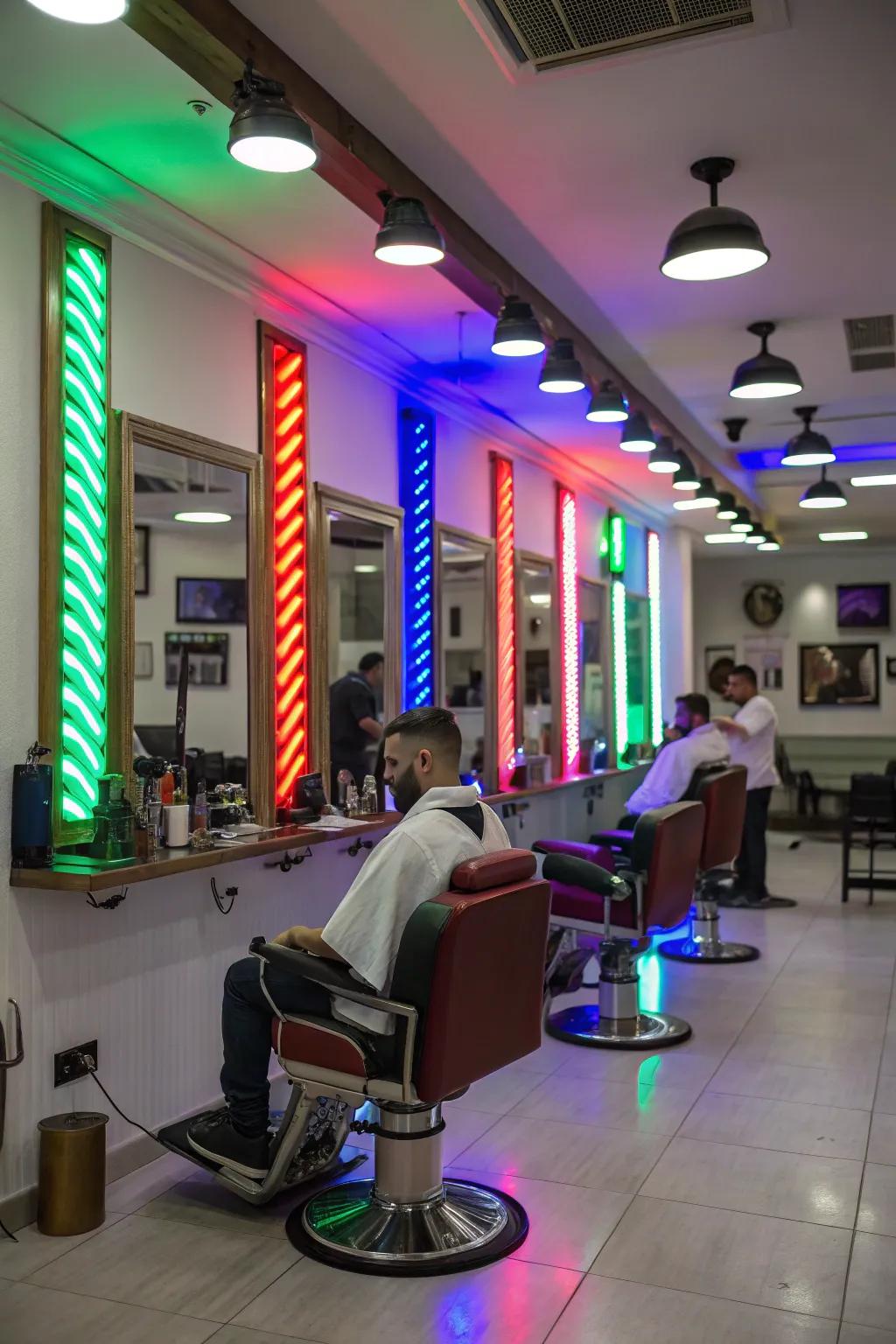 A vibrant and playful barbershop enhanced via vibrant LED lighting.