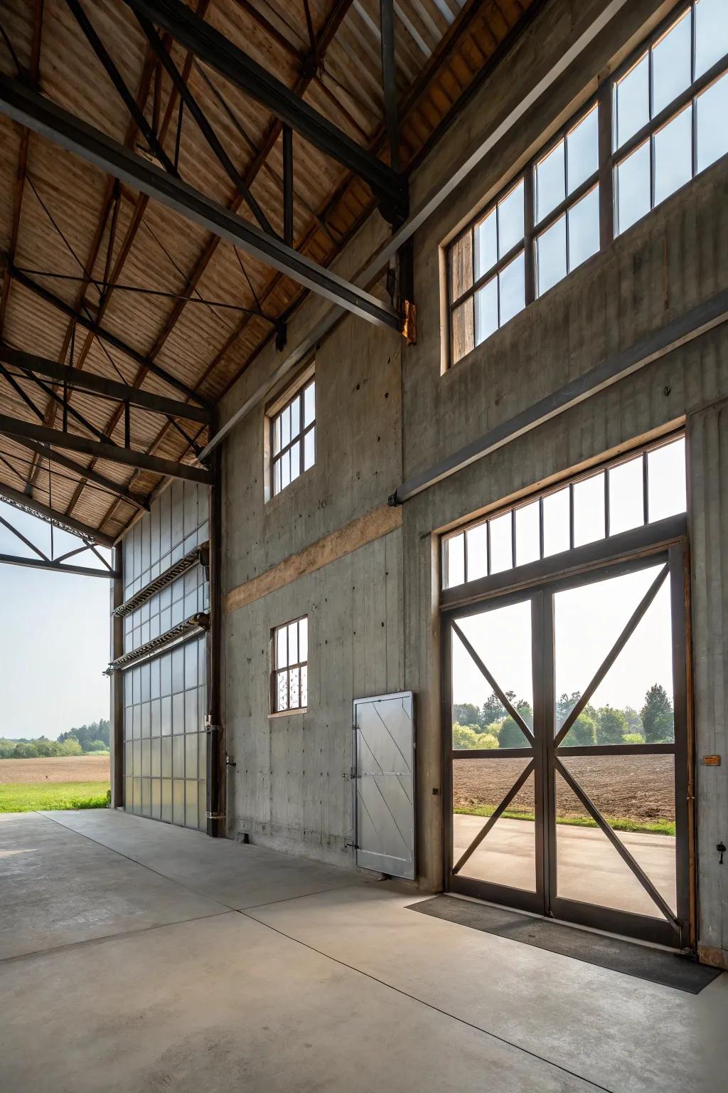 Industrial barns bring an urban flair to pastoral settings.