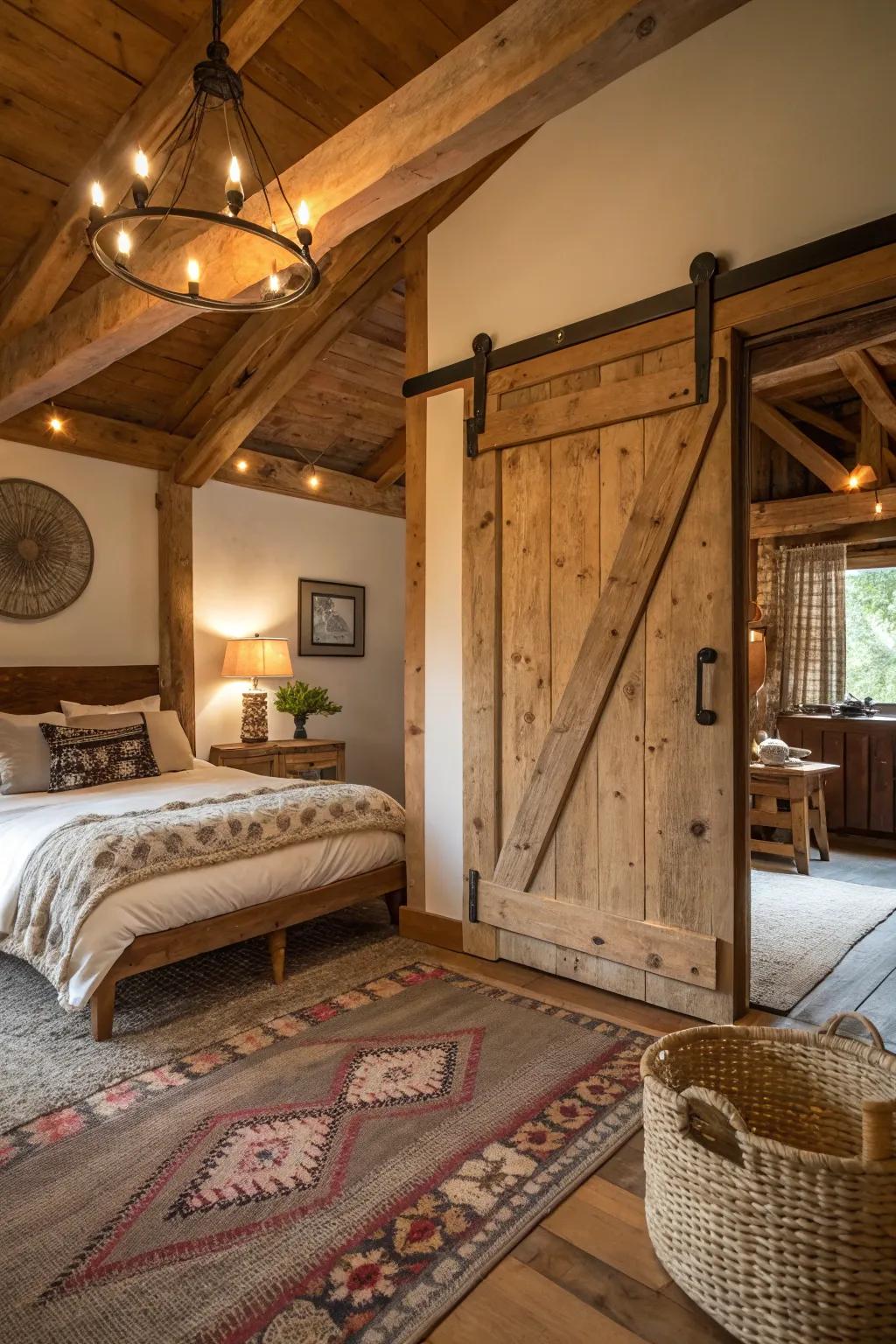 Exposed beams complement the rustic charm of this bedroom's barn door.