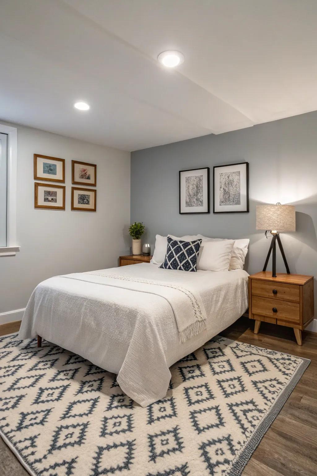 Minimalist decor with statement pieces creates a serene space in this basement bedroom.