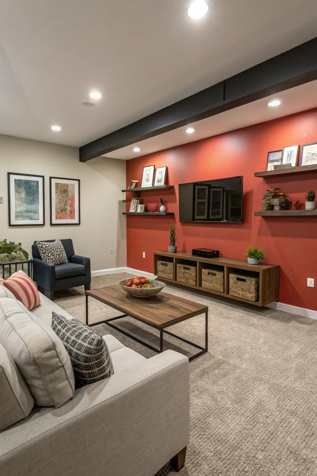 A feature wall introduces personality and intrigue to this basement family area.
