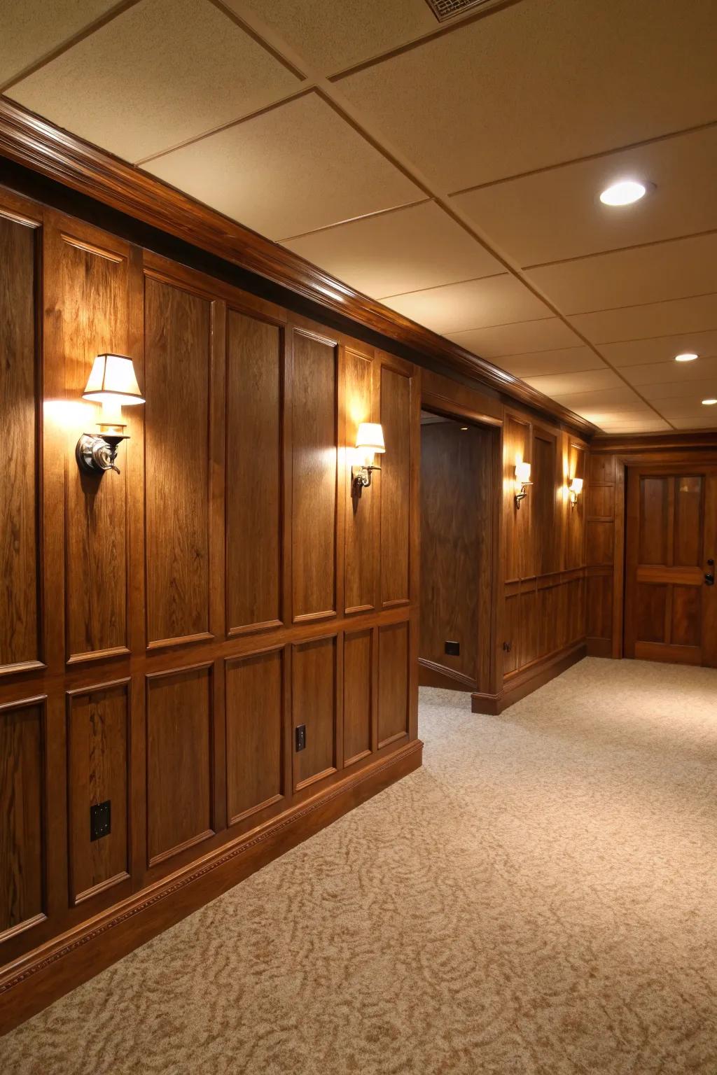 Layered lighting highlights paneling and enhances ambiance in basements.