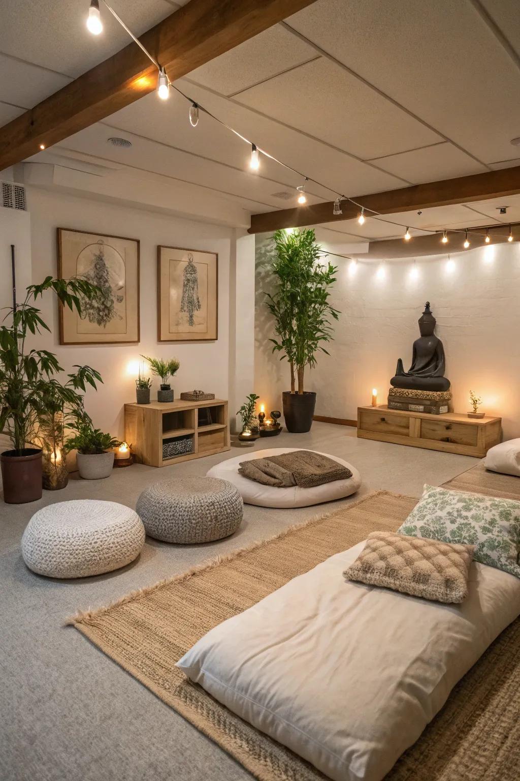 A serene meditation zone is nestled in the basement, adorned with calming decor and comfortable seating.