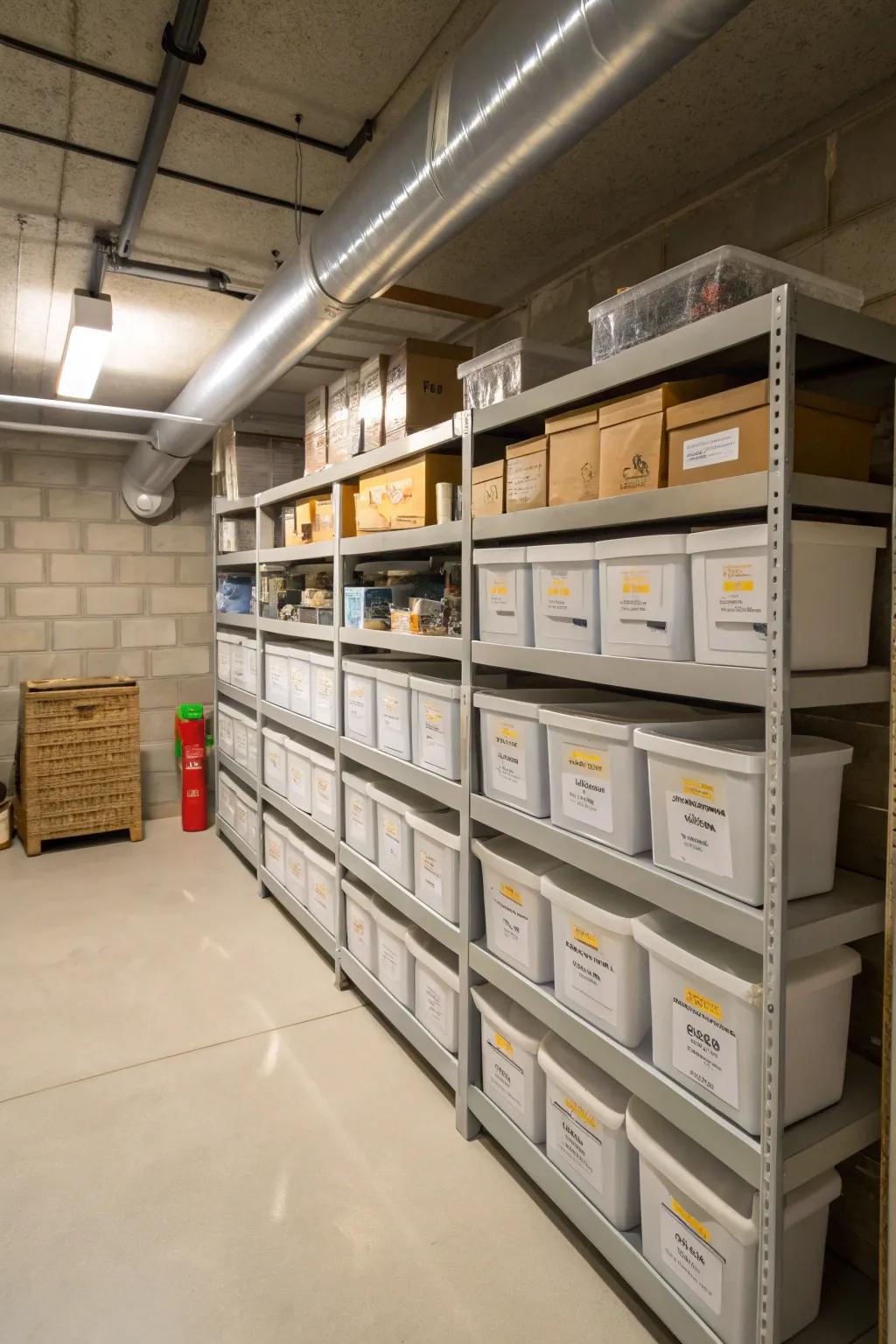 Compact shelving maximizes storage in confined basement areas.