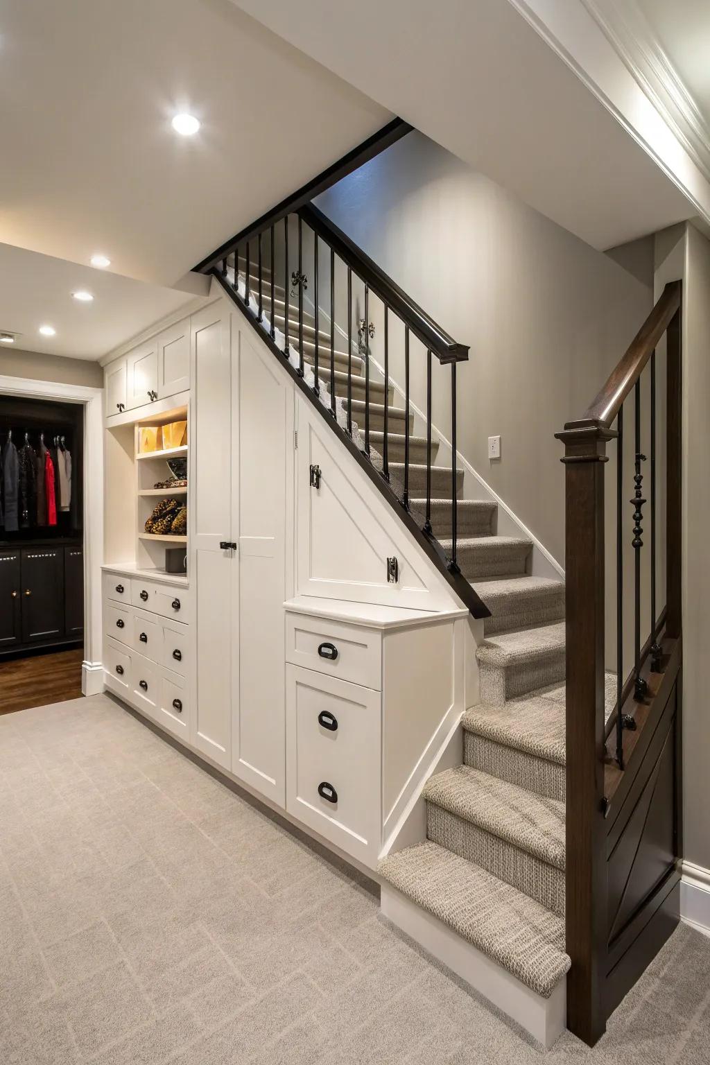 Tailored closets deliver trim and structured under-stair storage.